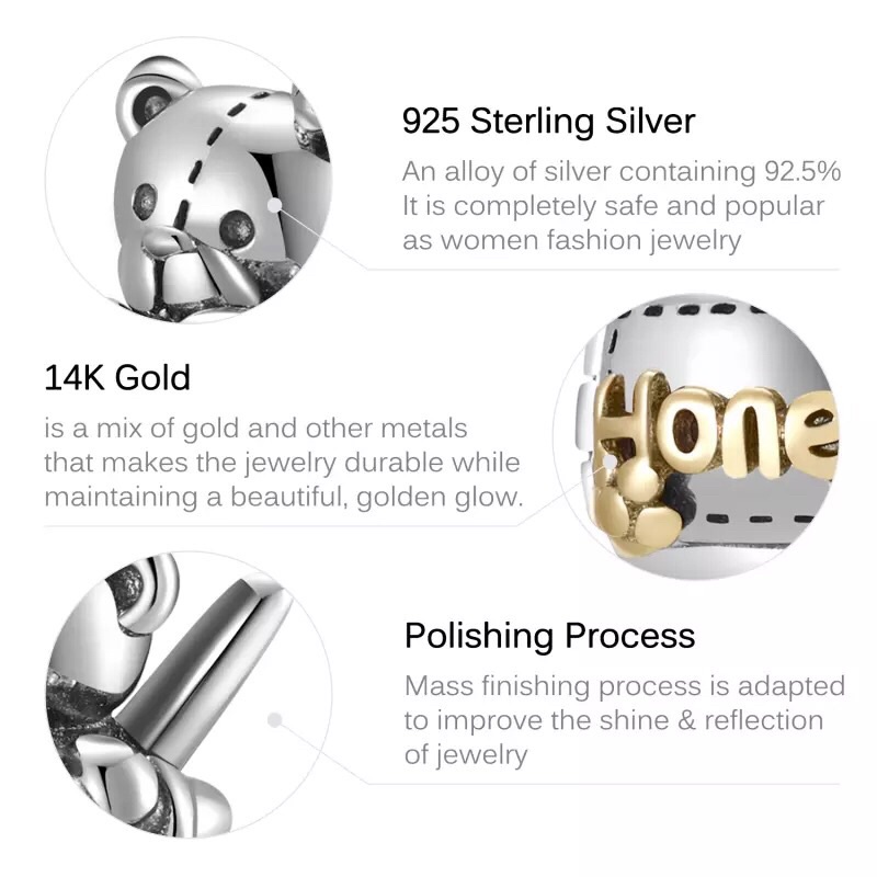 Bộ sưu tập charm gấu auth bằng bạc 925 và vàng 14k