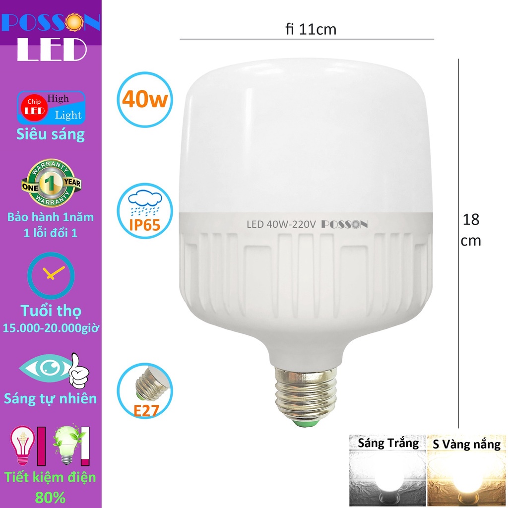 Sỉ 50 Bóng đèn Led trụ 40w bup trụ T110 bulb siêu sáng tiết kiệm điện kín chống nước Posson LC-40x
