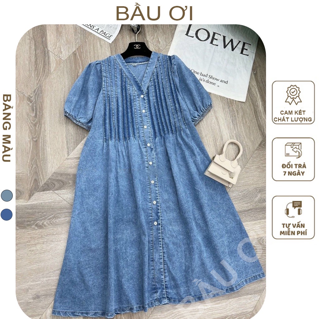 [BAUOII V118] VÁY SUÔNG JEAN CỔ V NGỰC XẾP LY DỌC TAY BỒNG CỰC XINH - ĐẦM BẦU BABYDOLL FROM RỘNG DÁNG XÒE