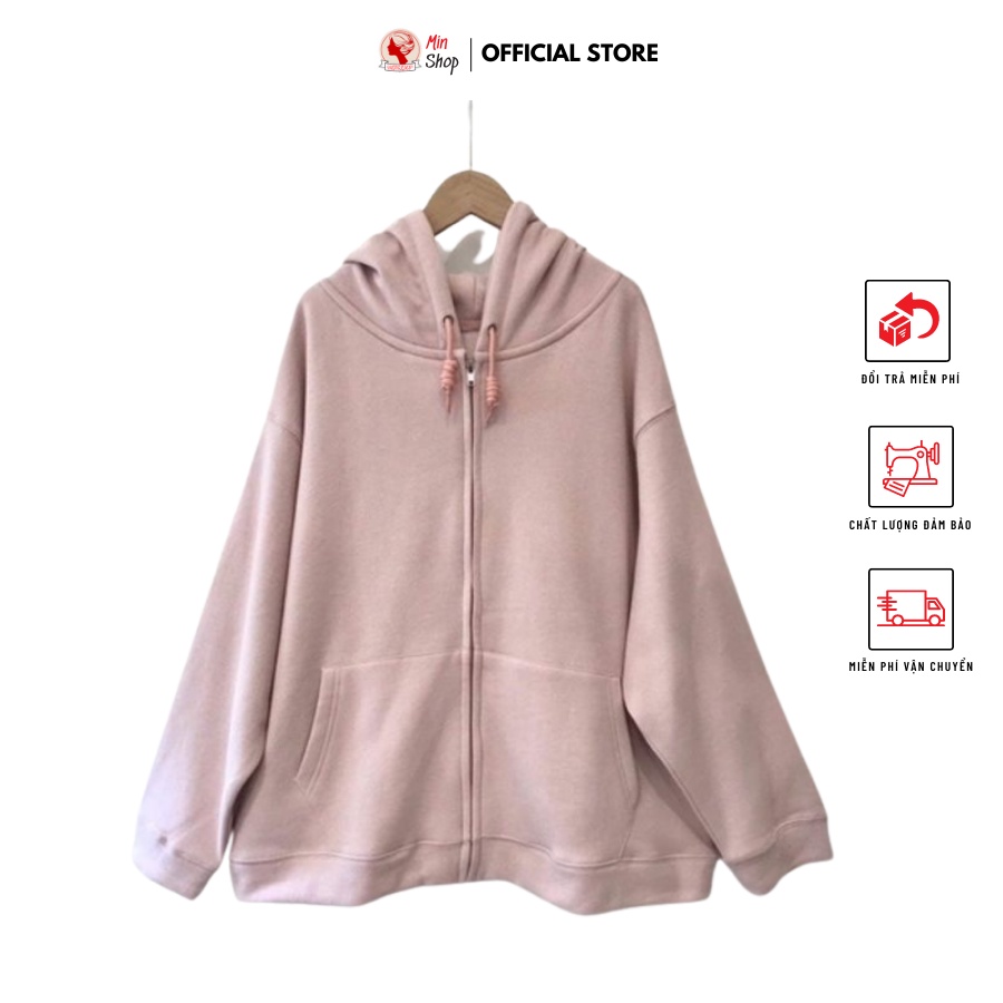 Áo Khoác Trơn Hồng Ghi, Hoodie zip tay bồng thể thao from rộng có mũ
