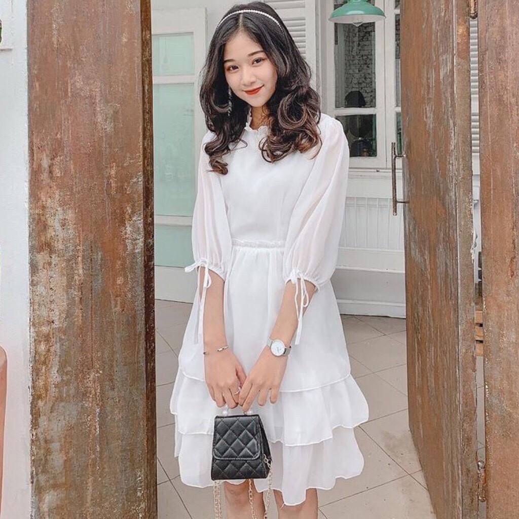 [Ảnh thật] Váy trắng voan tầng tay bồng thắt nơ siêu xinh - Đầm trắng kỉ yếu dáng xòe thắt nơ