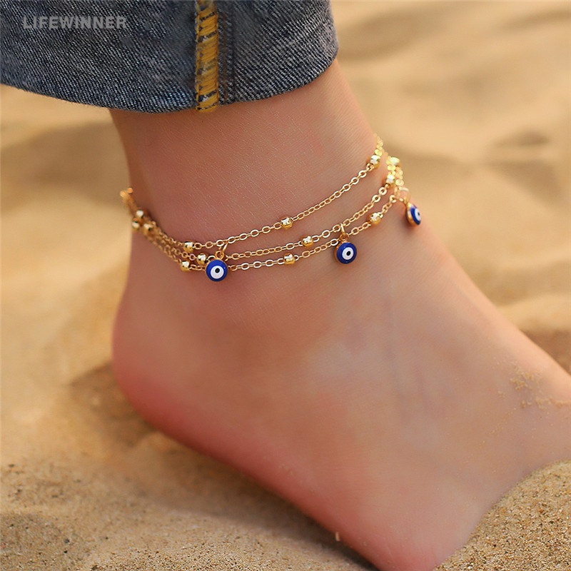 Lắc Chân Ba Lớp Đính Hạt Mắt Quỷ Xanh Lam Mặt Quỷ Phong Cách Boho Thời Trang Đi Biển Mùa Hè Cho Nữ