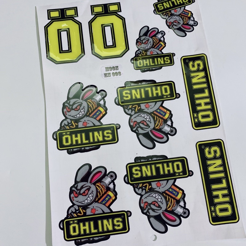 Decal tem dập nổi hình ohlins thỏ điên cầm phuộc cao cấp dán xe máy, ô tô, mũ bảo hiểm chống thấm nước, chống bay màu