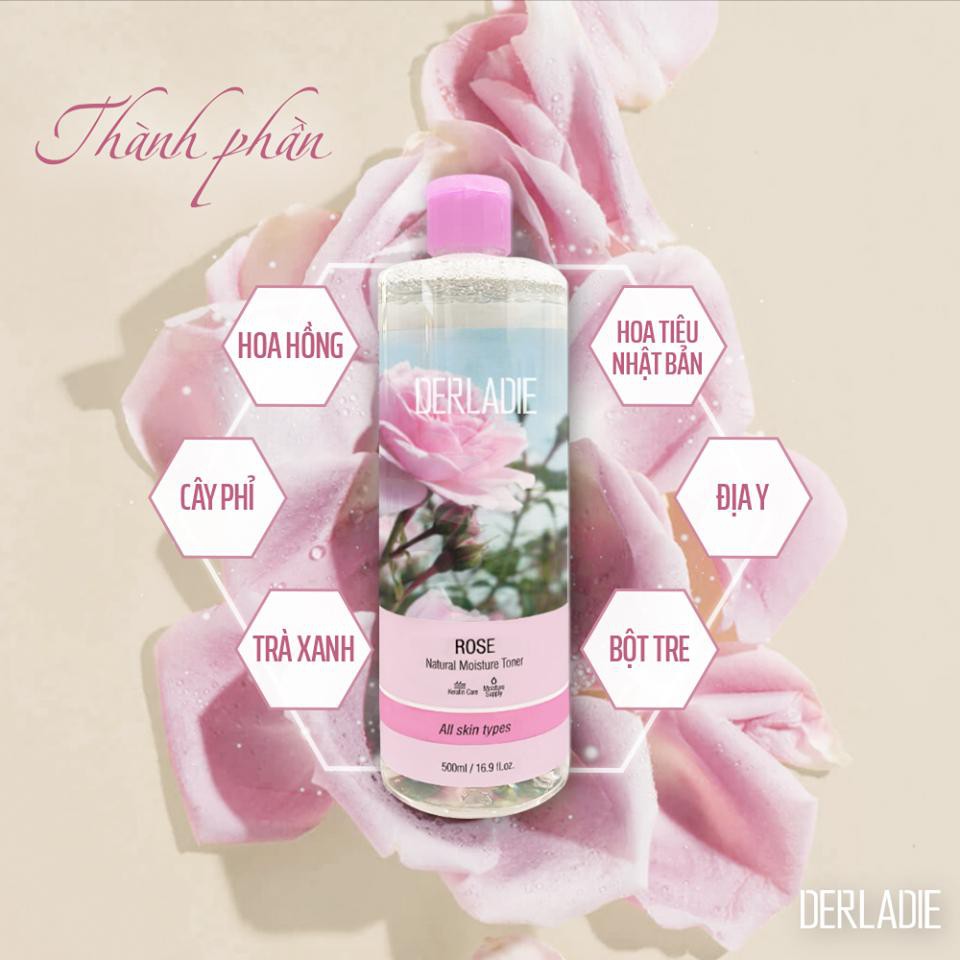 Nước Hoa Hồng Cấp Ẩm, Ngừa Mụn Dành Cho Da Khô Derladie Rose Natural Moisture Toner 500ml - Cao Minh House