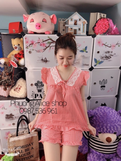 ❤️FREESHIP❤️ Đồ Bộ Mặc Nhà Đùi Caro Phối Ren Dễ Thương Cực