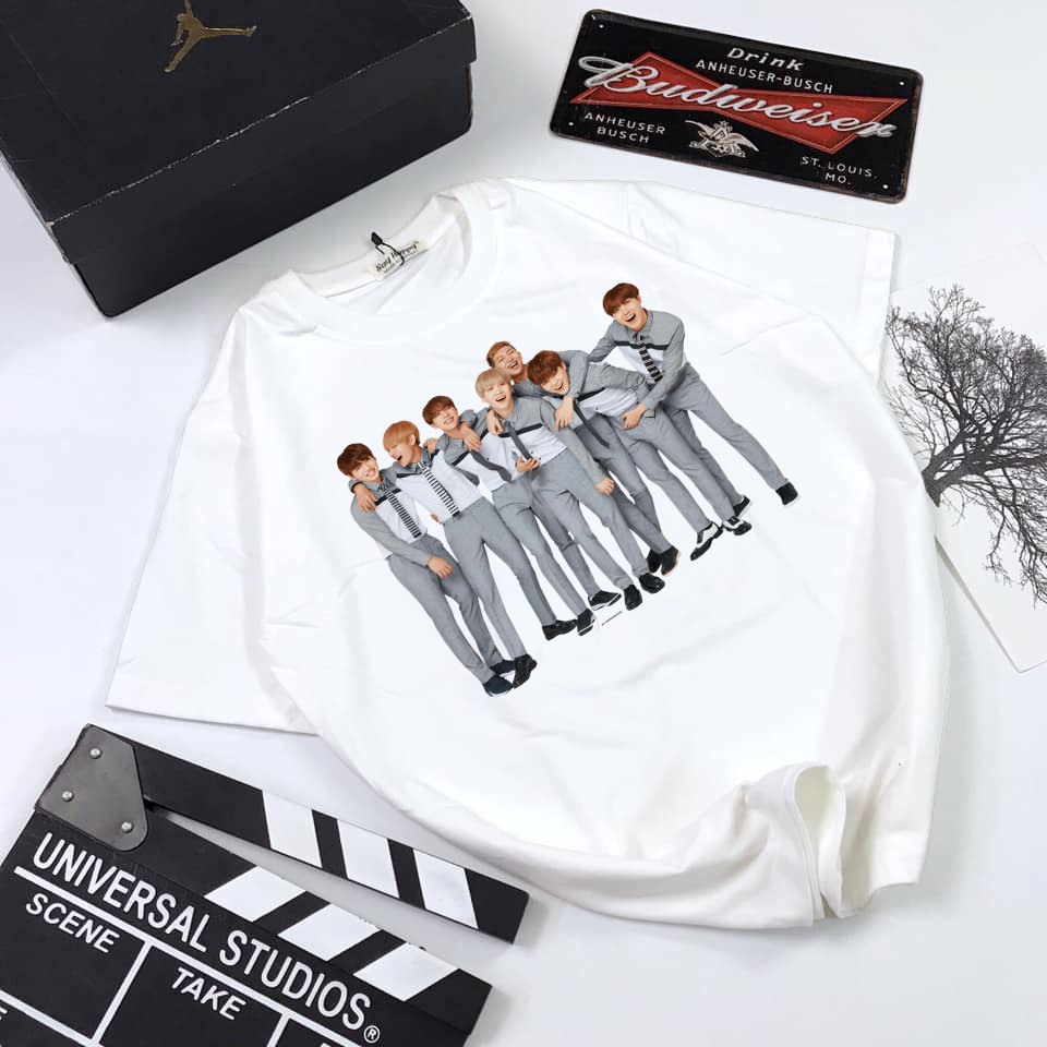 Áo thun Cotton Unisex - Fan BTS Hàn Quốc - K-Pop - Chibi - BTS suit sọc xám
