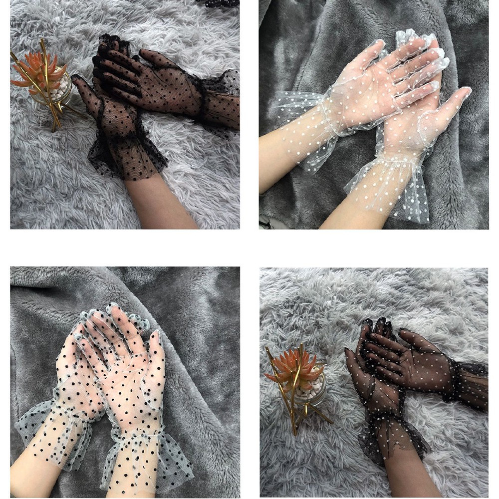 MOILY Sunscreen Tulle Gloves Elastic Dot Printing Mesh Mittens Lotus Leaf Women Sexy Transparentes Full Finger/Multicolor