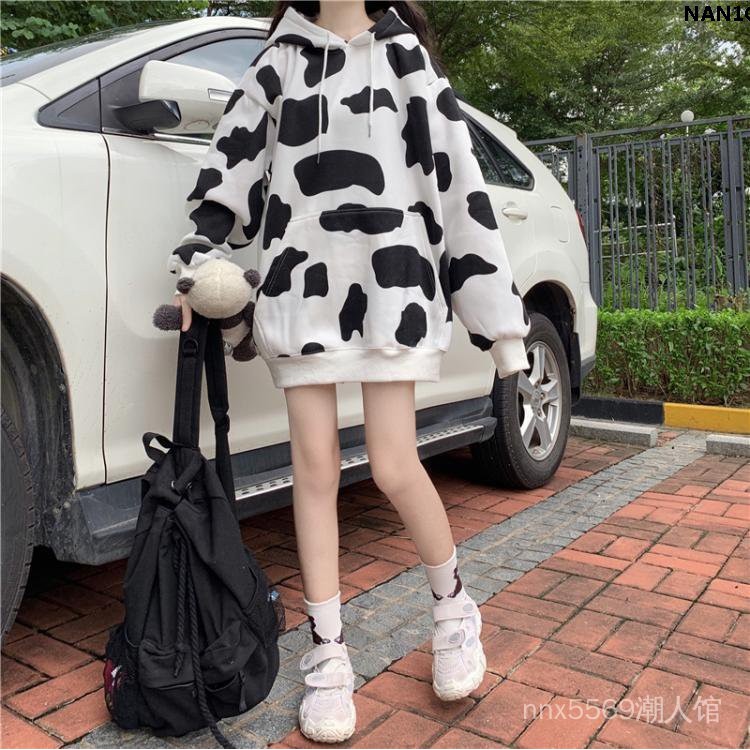 Áo Hoodie Dáng Rộng Tay Dài In Hình Bò Sữa Thời Trang 2020