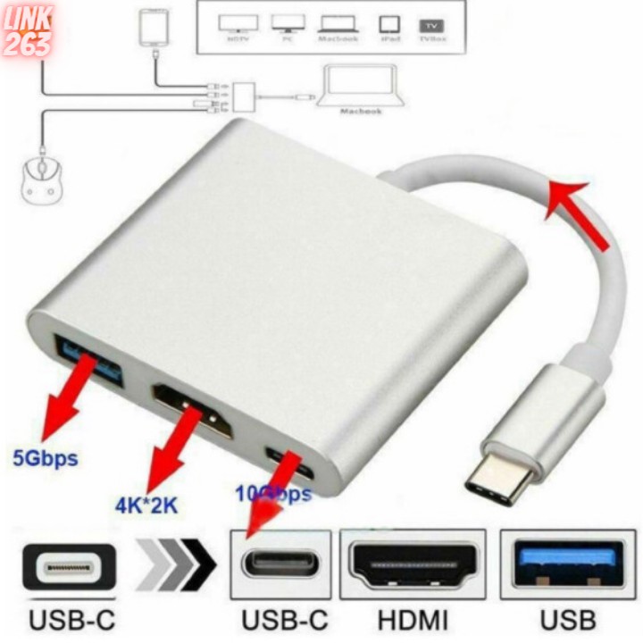 Cáp chuyển cổng 3 trong 1 Type C Usb 3.1 sang Usb-C 4k Hdmi Usb 3.0 thích hợp cho Laptop,Ipad,PC