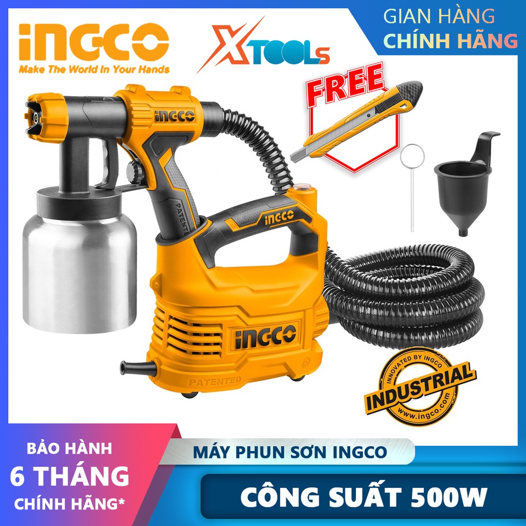 Máy phun sơn INGCO SPG5008-2 Máy phun sơn dùng điện Công suất: 550W, Áp suất phun:0.1-0.2Bar, Lưu lượng tối đa: 850m/ ph