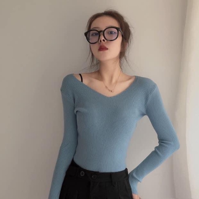 Áo len tăm cổ tim nữ tính, áo len mỏng cổ V ôm body siêu chất | BigBuy360 - bigbuy360.vn