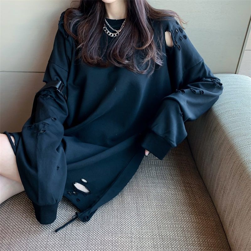 Áo hoodie mỏng tay dài dáng rộng thiết kế rách thời trang mới cho nữ