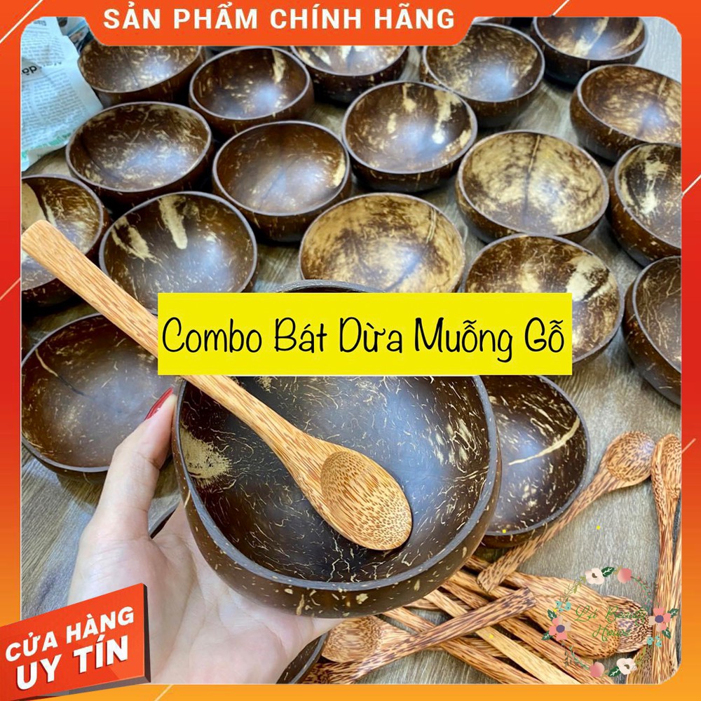 COMBO Bát/Chén Gáo Dừa + Muỗng Gỗ Dừa Siêu Cưng Dùng Trộn Mỹ Phẩm Thiên Nhiên/Đựng Thực Phẩm