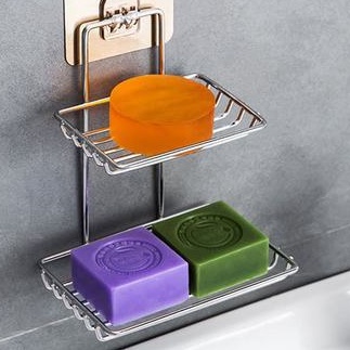Kệ đựng xà phòng 2 tầng inox dán tường kèm móc treo tiện lợi