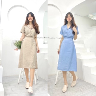 Set áo cổ vest chân váy midi