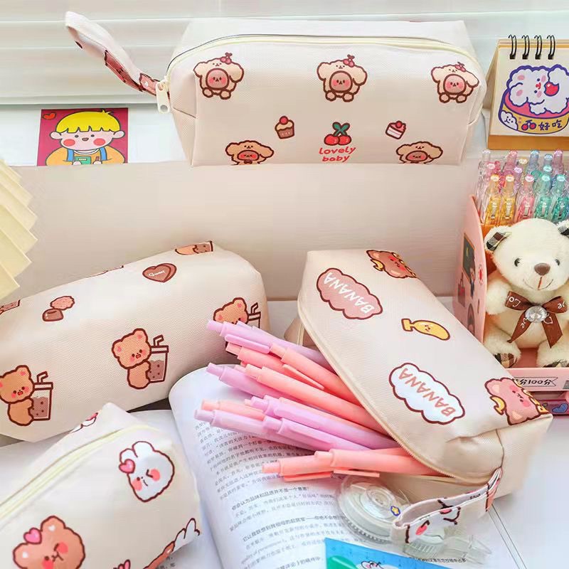 Bóp bút vải canvas B01 Túi đựng bút hình gấu trà sữa dễ thương tiện dụng