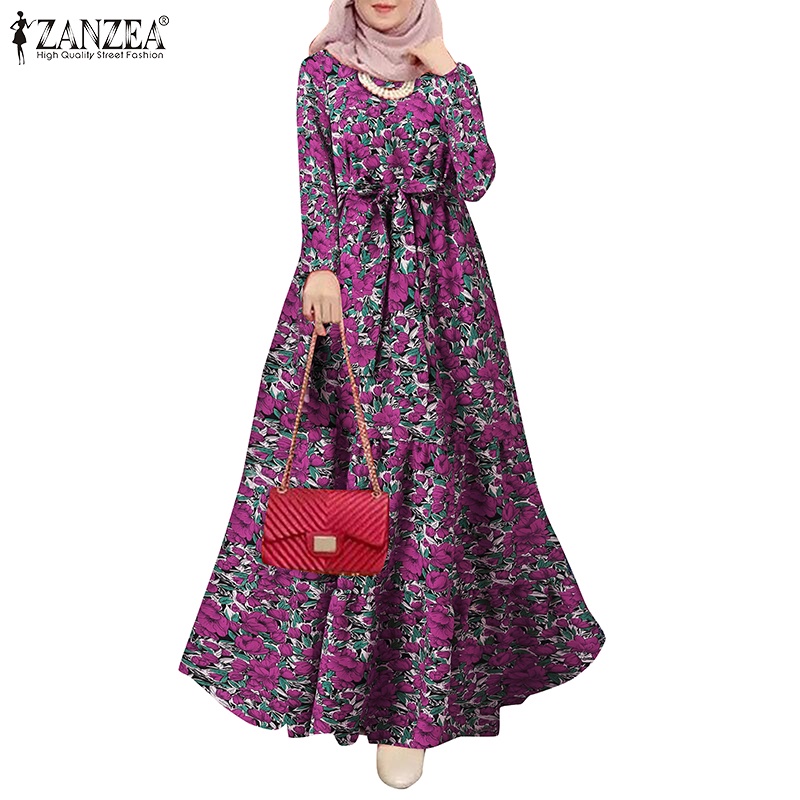 Zanzea Đầm Maxi Dài Tay In Hoa Thanh Lịch Cho Phụ Nữ Hồi Giáo