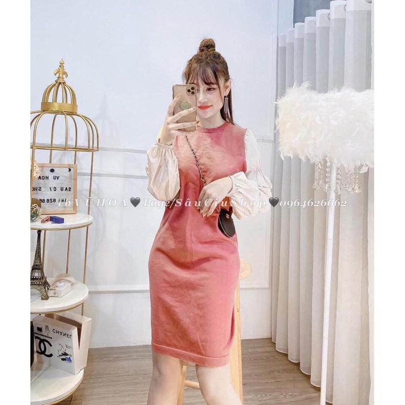 VÁY LEN ZIP PHỐI TAY SƠ MI ĐŨI ( không kèm túi )