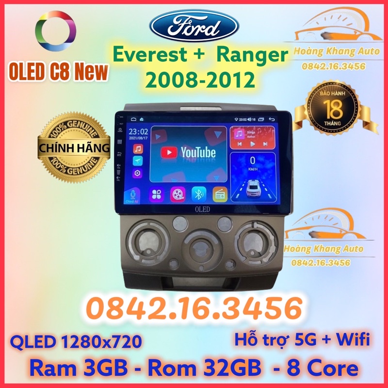 Màn hình android OLED C8 New theo xe Everest + Ranger 2006 - 2012  kèm dưỡng và jack nguồn zin theo xe