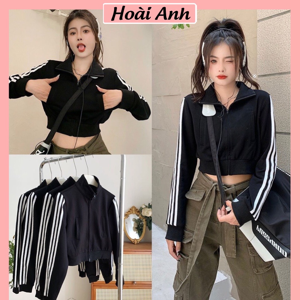 Áo Khoác Nỉ Nữ Croptop 3 Sọc Dài Tay Áo Khoác Nỉ Ngoại Dáng Lỡ Tay Áo 3 Sọc Freesize
