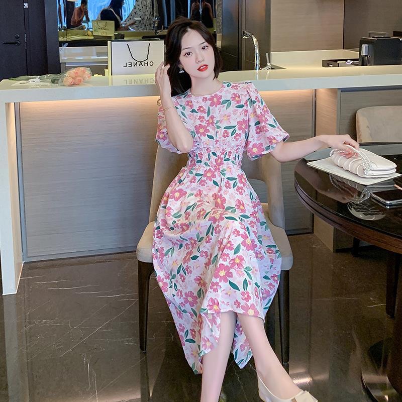 Váy hoa vitage, đầm hoa ulazzang chun eo tay phồng hai màu hồng, tím dễ thương