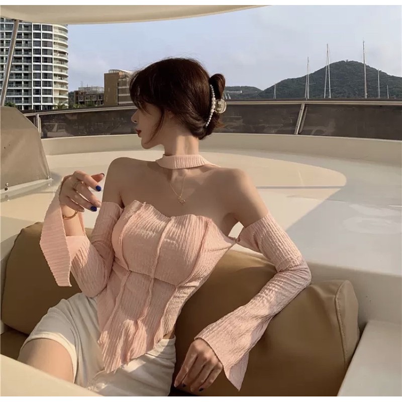 Áo body set trễ vai màu hồng pastel cưng cực