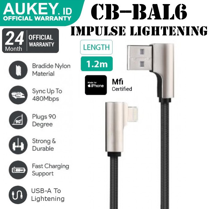 Dây Cáp Sạc Aukey Cb-Bal6 Bện Nylon 90 Độ Usb-A Sang Lightning 1.2m