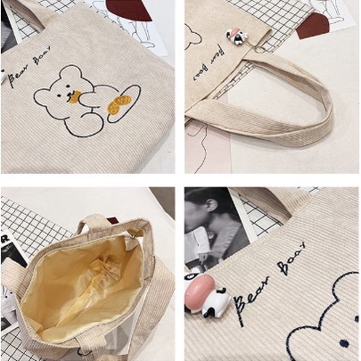 Túi Tote Thêu Hình Gấu Túi Vải Đeo Vai Kiểu Dáng Hàn Quốc