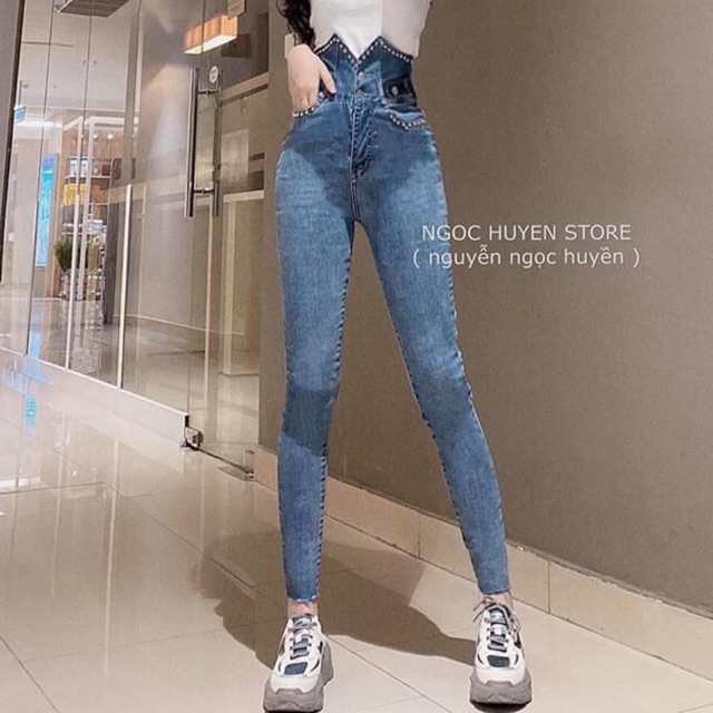 Quần jean cạp siêu cao đính cườm siêu đẹp