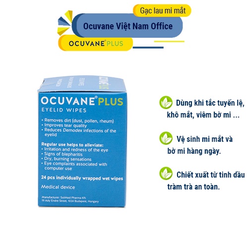 Gạc lau mi mắt Ocuvane Plus dùng cho viêm bờ mi, khô mắt, tắc tuyến lệ; vệ sinh mắt hàng ngày; chiết xuất tinh dầu trà