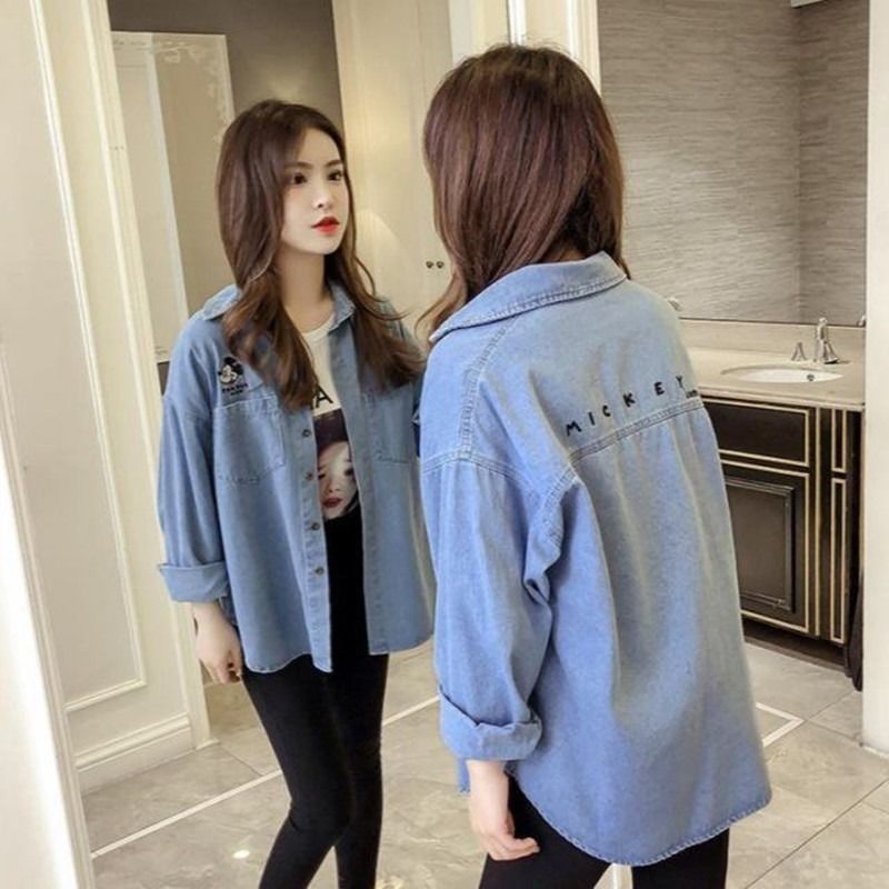 Áo Sơ Mi Denim Dài Tay Dáng Rộng Thời Trang Mùa Thu 2020 Dành Cho Nữ