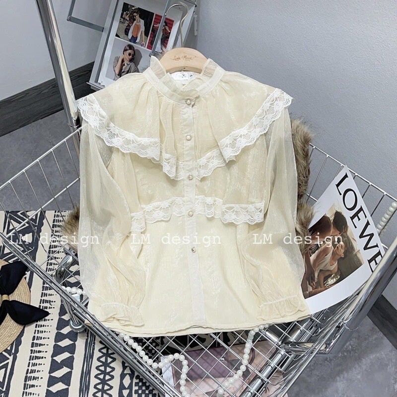 Áo sơ mi bèo tiểu thư 2 lớp xếp tầng bo chun tay phối ren xinh xắn
