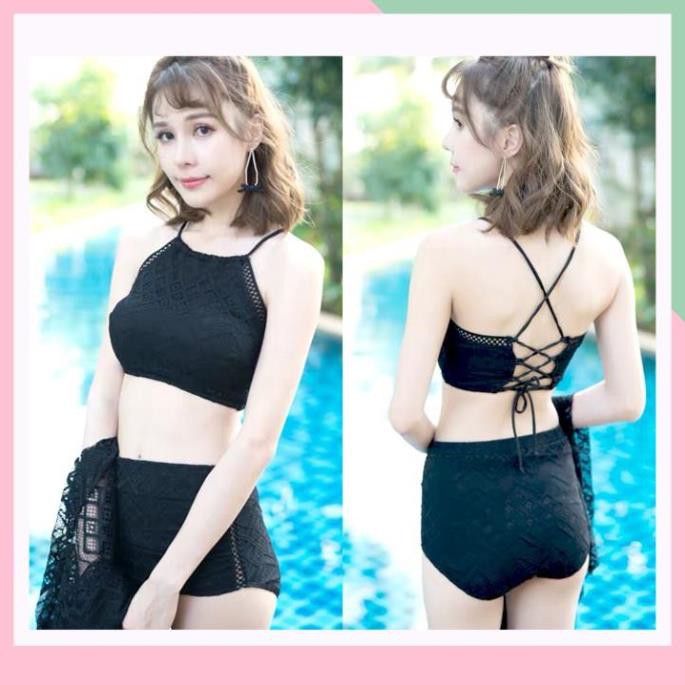 Bộ đồ bơi áo yếm cạp cao kèm khăn bộ bikini bơi gợi cảm 3 mảnh A | BigBuy360 - bigbuy360.vn