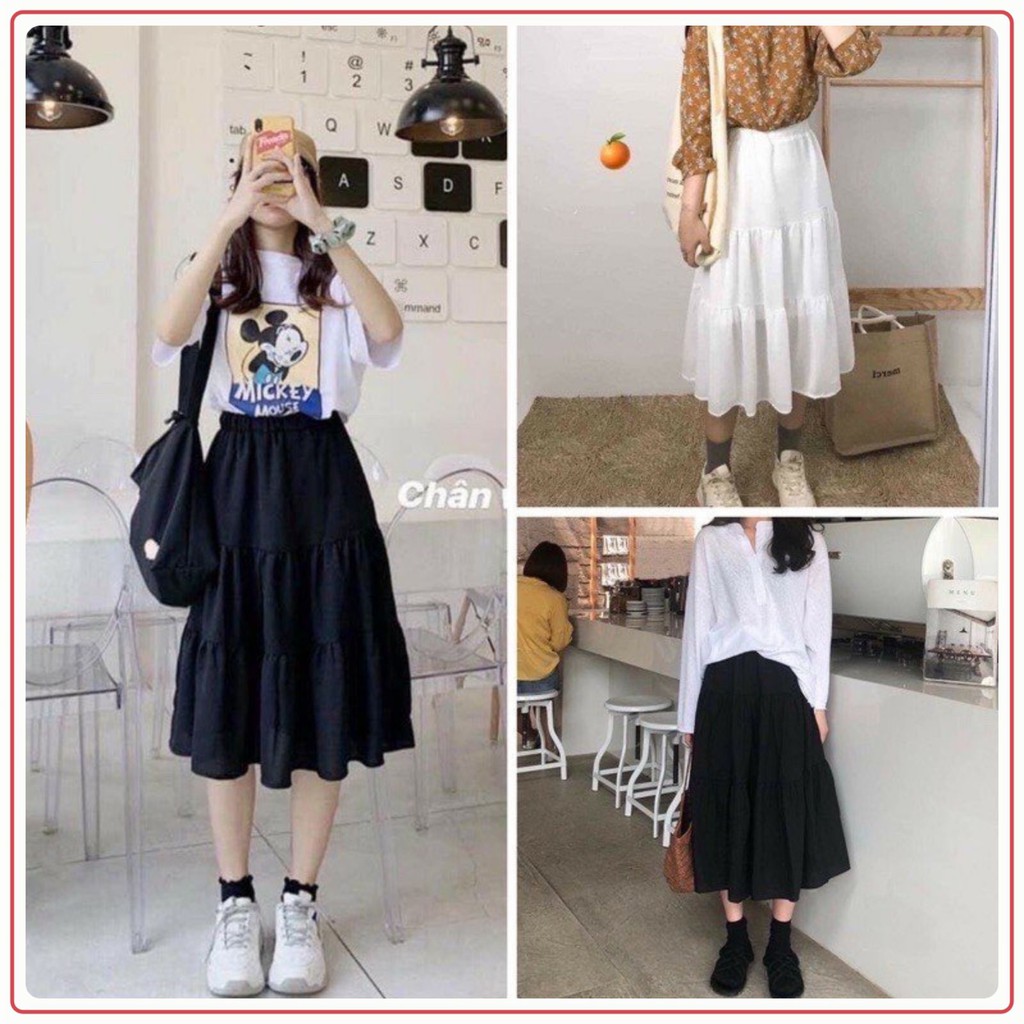 Chân váy midi xếp ly 💖FREESHIP💖chân váy dáng dài 3 tầng ullzang AD15