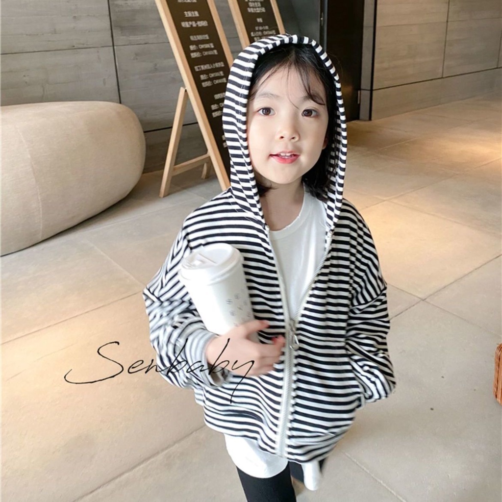 Áo Khoác Cardigan Có Nón Họa Tiết Kẻ Sọc Phong Cách Nhật Bản Thời Trang Xuân Thu Mới 2022 Cho Bé Gái