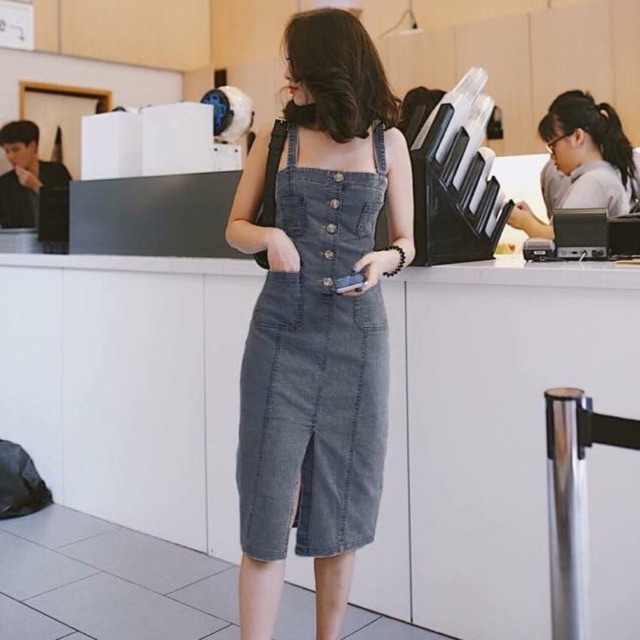 ❤️ẢNH CHỤP THẬT ĐẦM JEAN 2 DÂY GIẢ CÓ TÚI