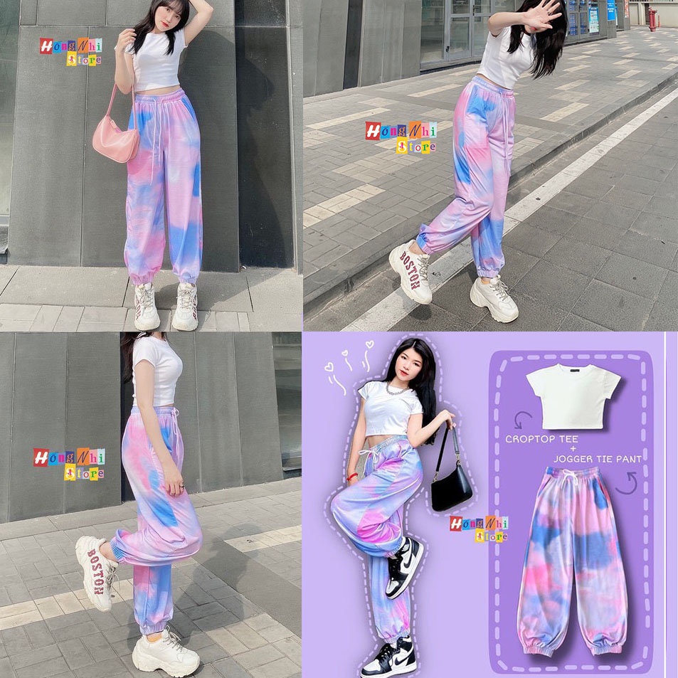 Set Bộ Áo Croptop Body Phối Quần Jogger 3D Loang Màu Bo Lai Dáng Rộng Ulzzang - MM