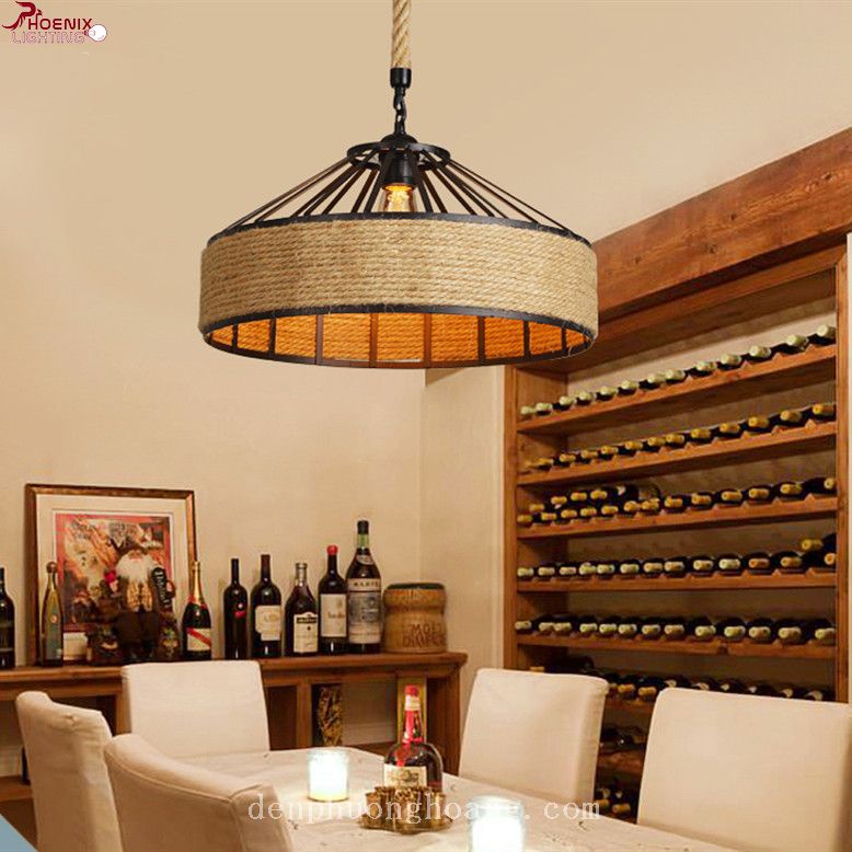 Đèn thả dây thừng lồng sắt kiểu dáng vintage