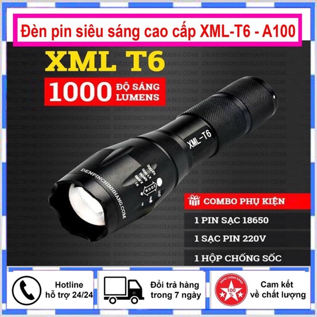 ĐÈN PIN ULTRAFIRE A100 XML T6-ĐÈN PIN SIÊU SÁNG CÓ ZOOM TẬP TRUNG