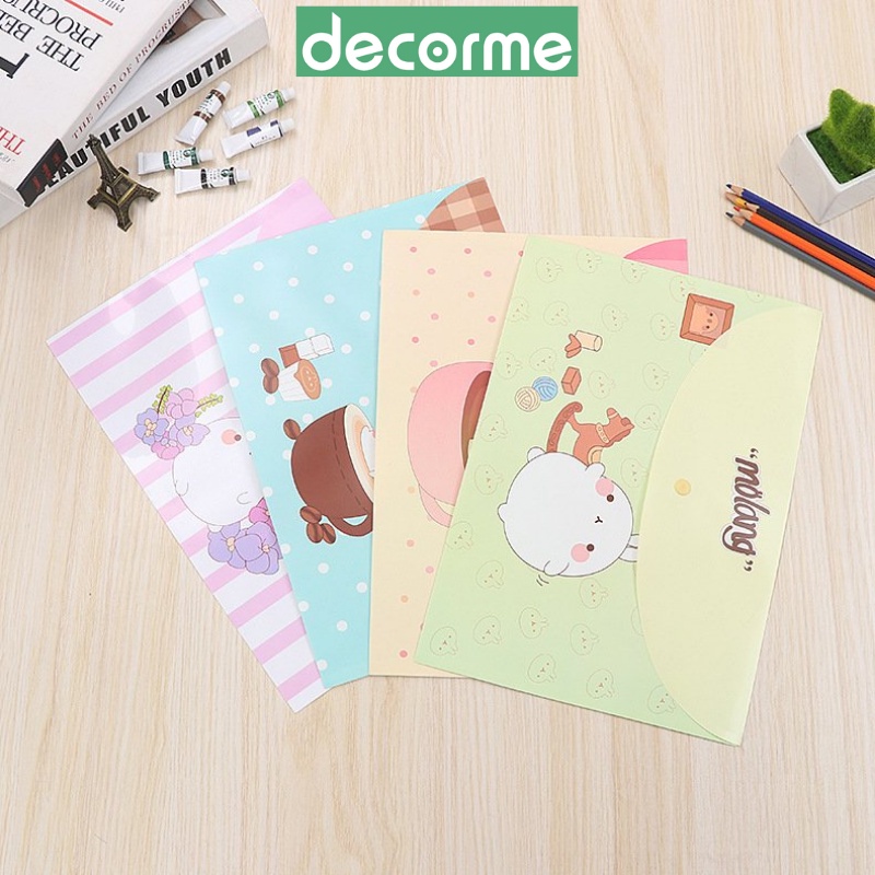 Túi đựng tài liệu A4 Thỏ Molang và Hoa nhí dễ thương 1 ngăn có cúc bấm Văn phòng phẩm Decorme