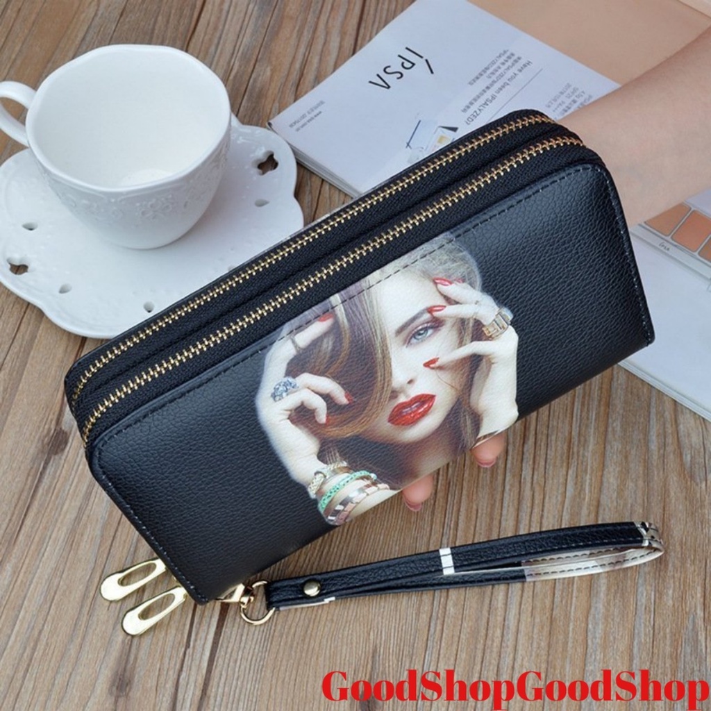 Ví nữ dài cầm tay NEW-0053 phối hoạ tiết và hình mỹ nhân mới lạ, sang trọng, kiểu dáng 2 khóa kéo tiện dụng, bền đẹp