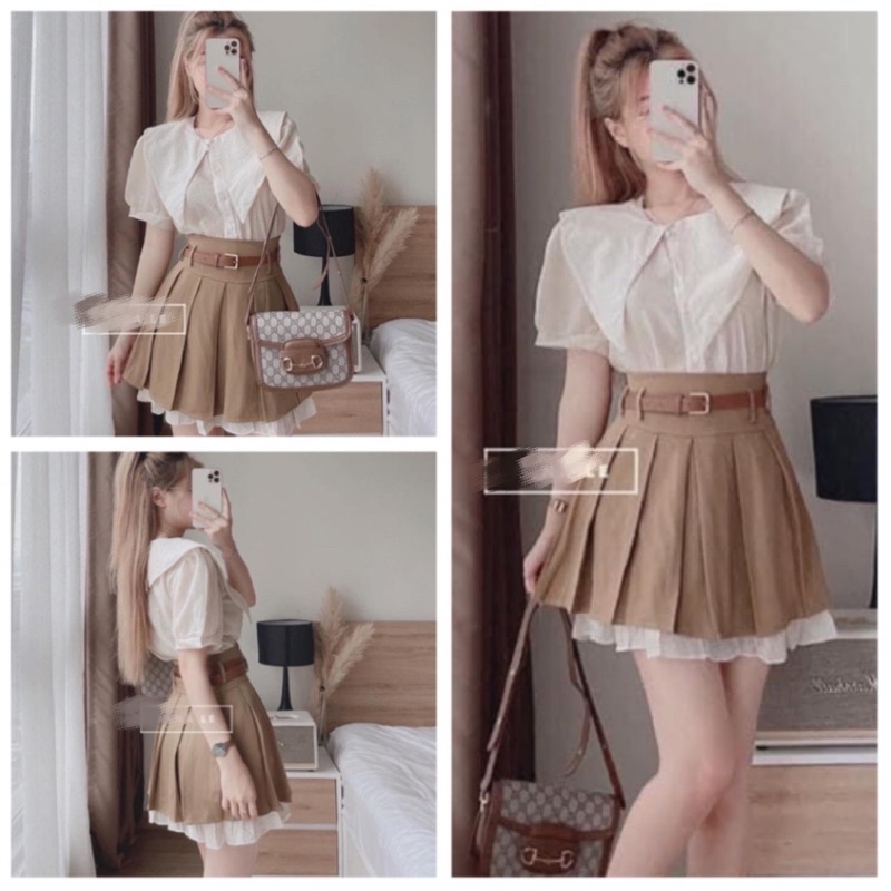 Set Áo Sơ mi Cổ Nhọn Mix Chân Váy Xếp Ly Nâu Kèm Đai ( Hàng Sẵn)