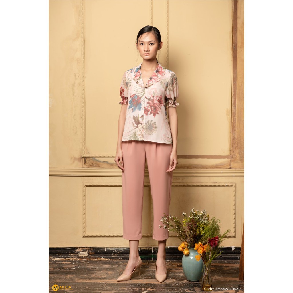 Áo sơ mi nữ công sở MECIA SM342  thiết kế họa tiết hoa cổ vest, tay phồng chất liệu voan mềm mịn, áo nữ dạo phố | BigBuy360 - bigbuy360.vn