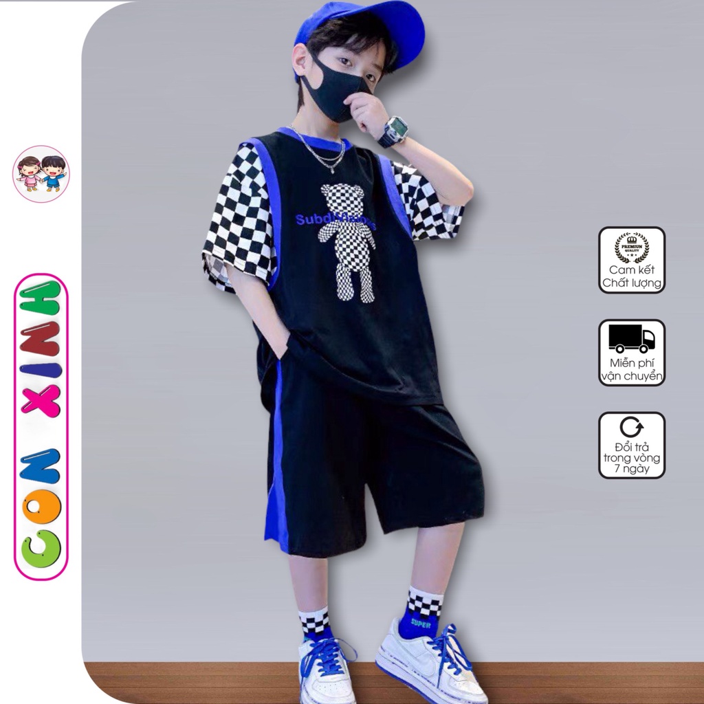Bộ đồ bé trai Con Xinh cotton hình in gấu SUBO tay phối caro,thời trang dành cho trẻ em từ 4 đến 10 tuổi