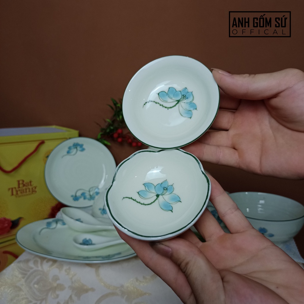 Bộ chén dĩa men kem, bộ bát đĩa sứ Bát Tràng, họa tiết sen xanh cao cấp 13 chi tiết, bán lẽ từng món
