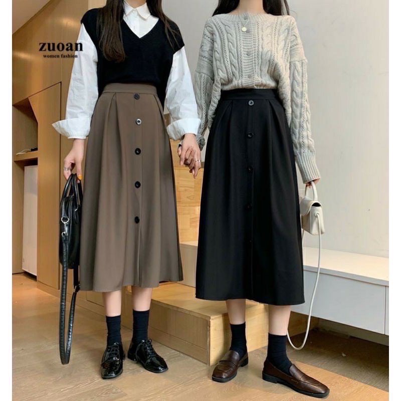 Chân váy công sở dáng dài ,chân váy midi đính 5 khuy vải tuyết mưa-m804