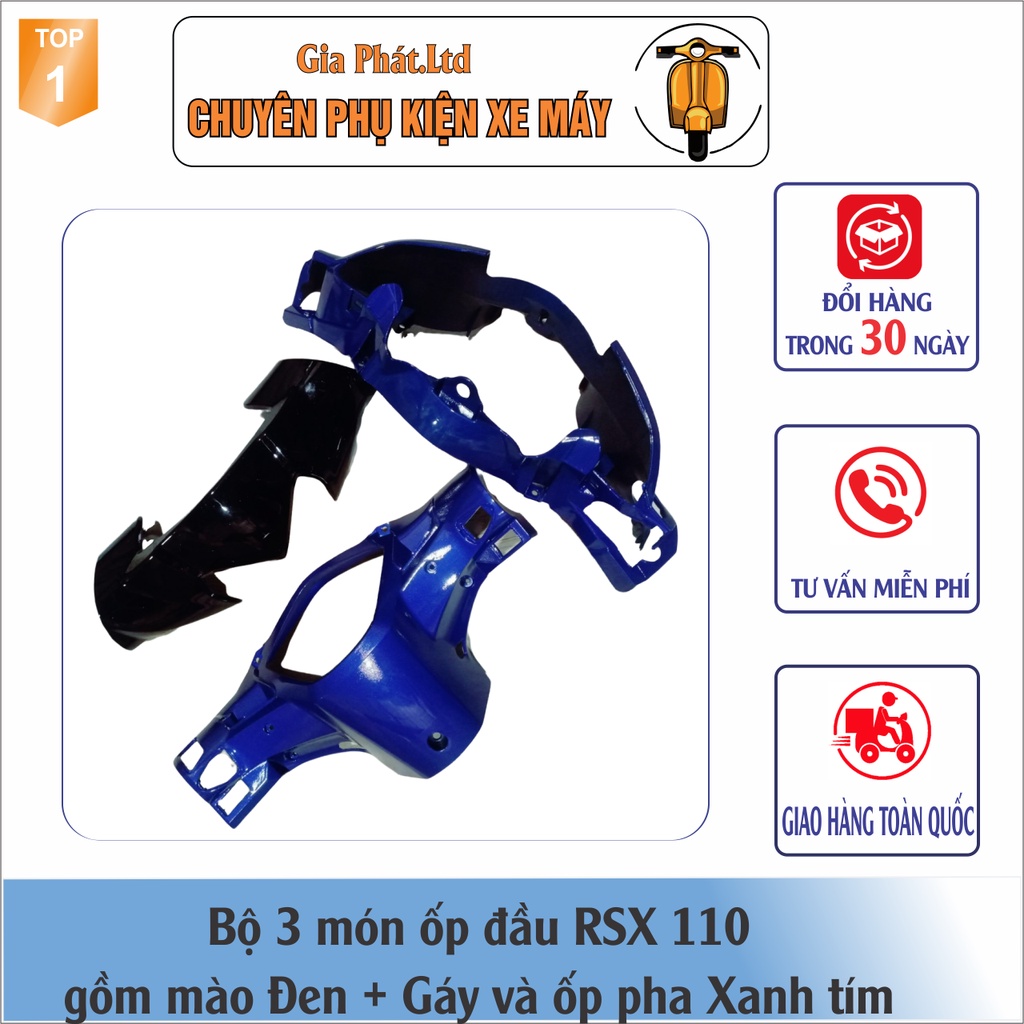 Combo ốp đầu Wave RSX 110  gồm Mào ĐEN - Gáy XANH TÍM - và Pha đèn kèm bóng