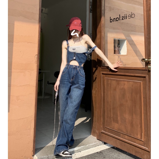 Quần yếm jean dáng suông ống rộng phong cách retro cổ điển thời trang mùa xuân dành cho nữ