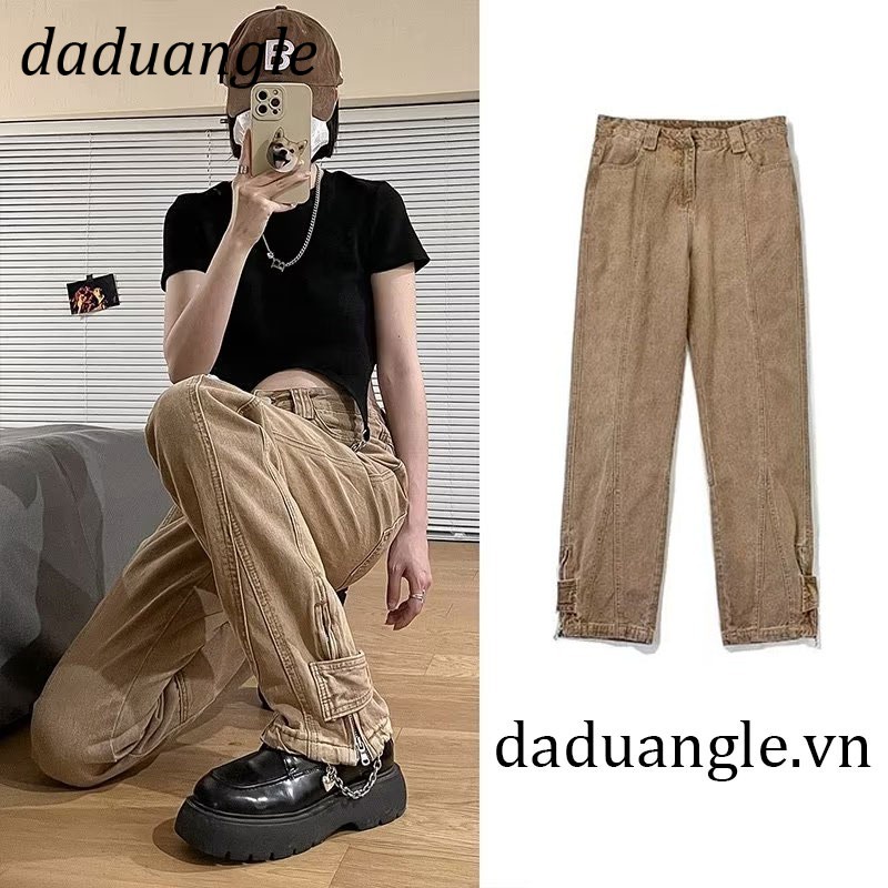 Daduhey Quần dài denim lưng cao ống suông thẳng dáng rộng phong cách retro cổ điển kiểu Mỹ cho nữ