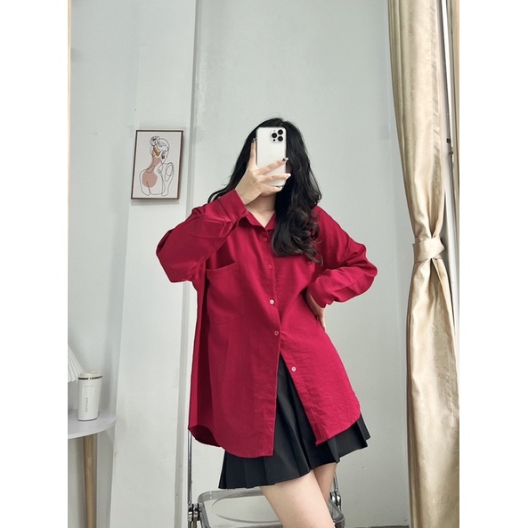 Áo sơ mi đỏ dáng rộng chất liệu đũi